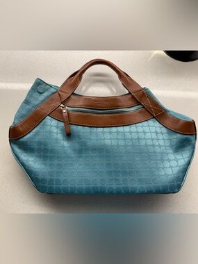 kate spade teal tote with brown leather trim